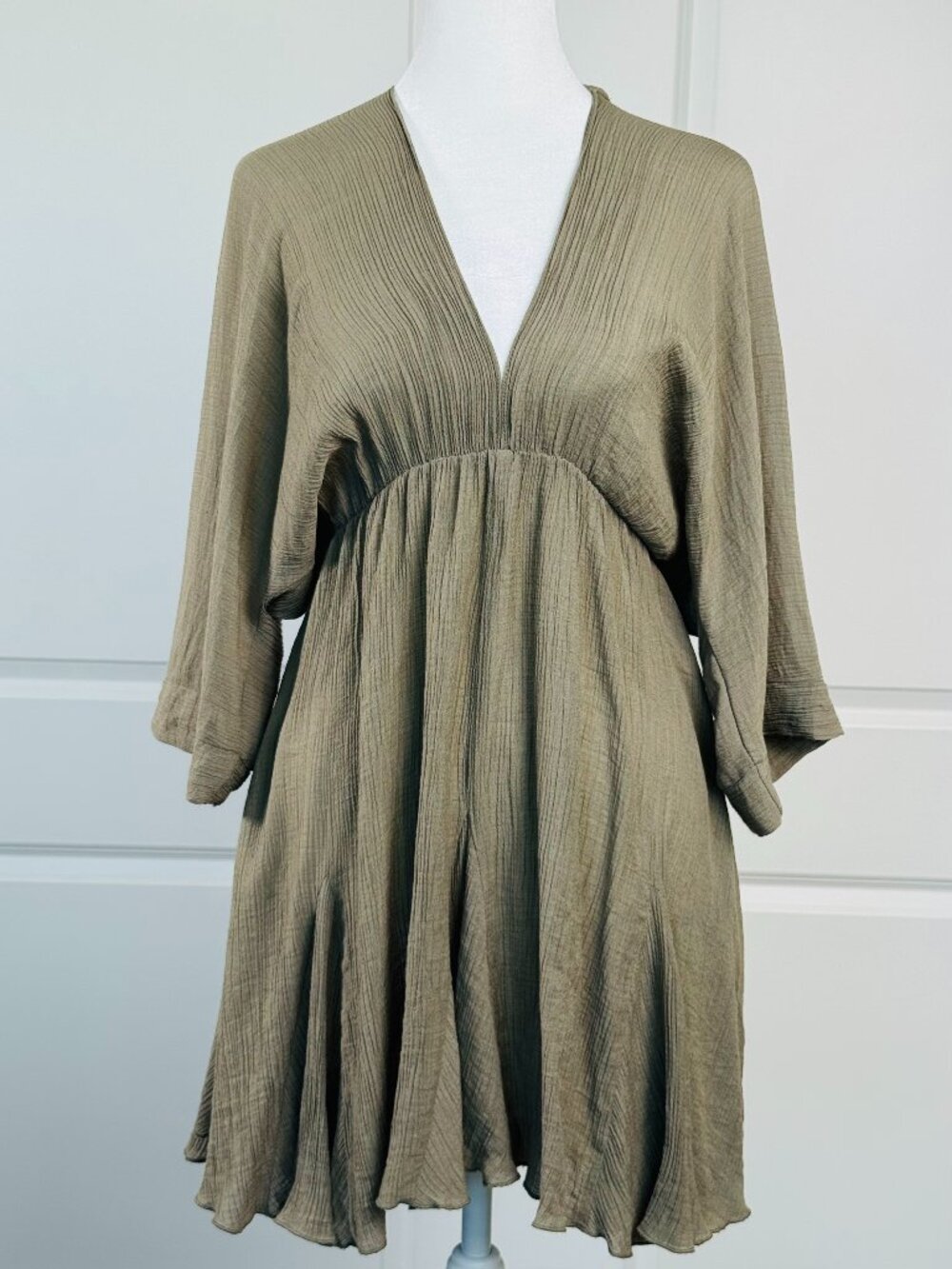 ASOS Flowy Batwing Sleeve V neck Mini Dress With Tie Back, Olive Green, Size 2